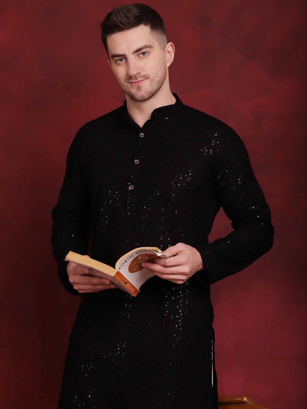 Jompers Men's Sequins Chikankari Kurta - Black