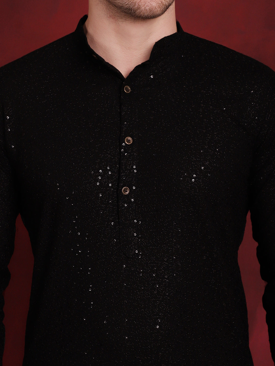 Jompers Men's Sequins Chikankari Kurta - Black