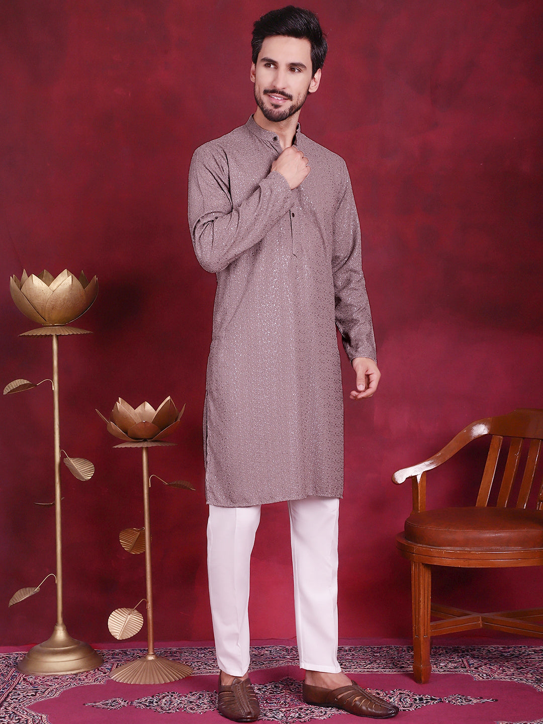 Jompers Men's Sequins Chikankari Kurta - Grey