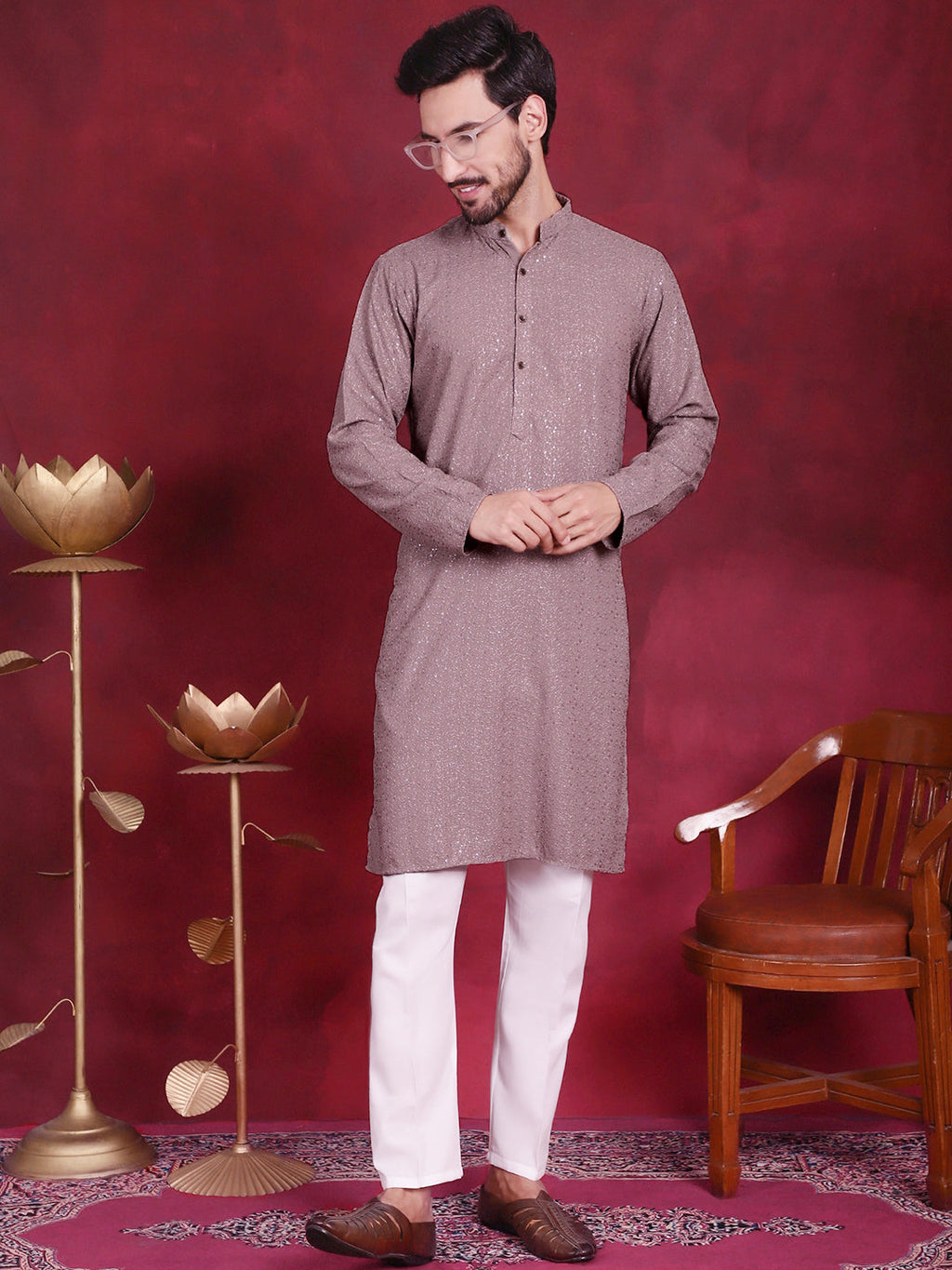 Jompers Men's Sequins Chikankari Kurta - Grey