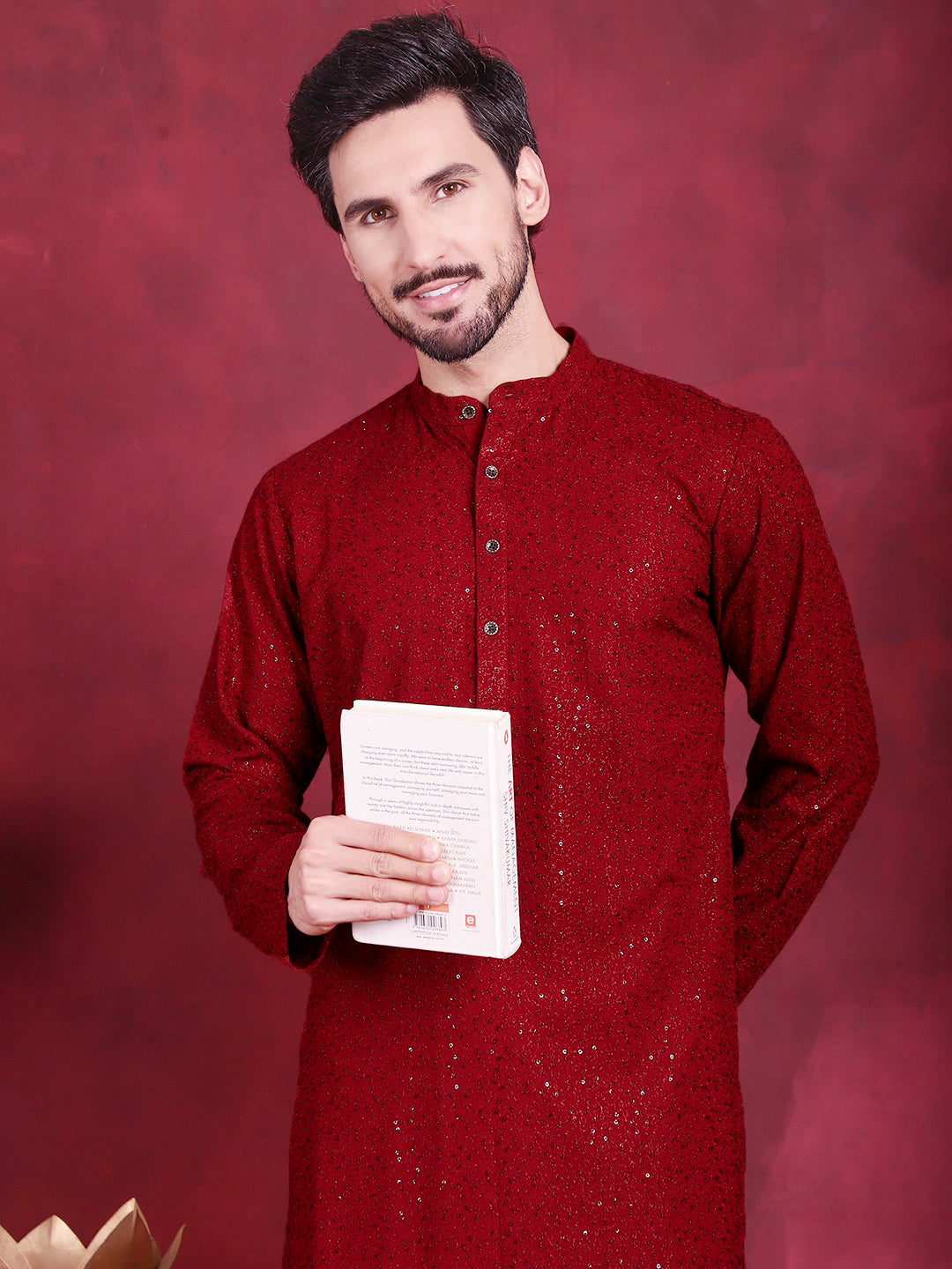 Jompers Men's Sequins Chikankari Kurta - Maroon