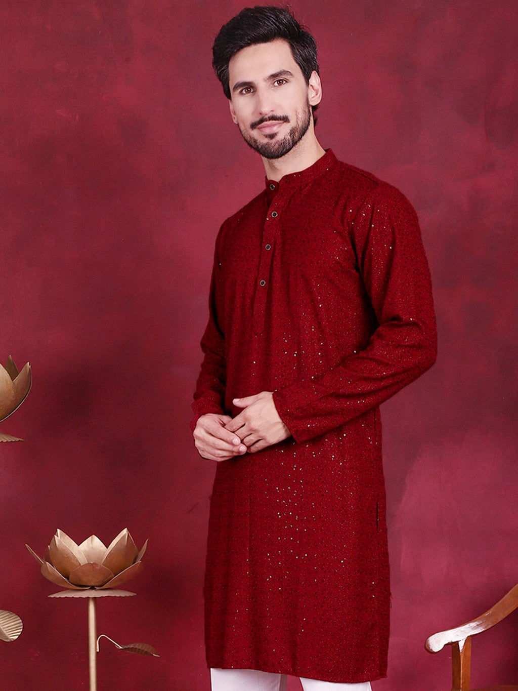 Jompers Men's Sequins Chikankari Kurta - Maroon