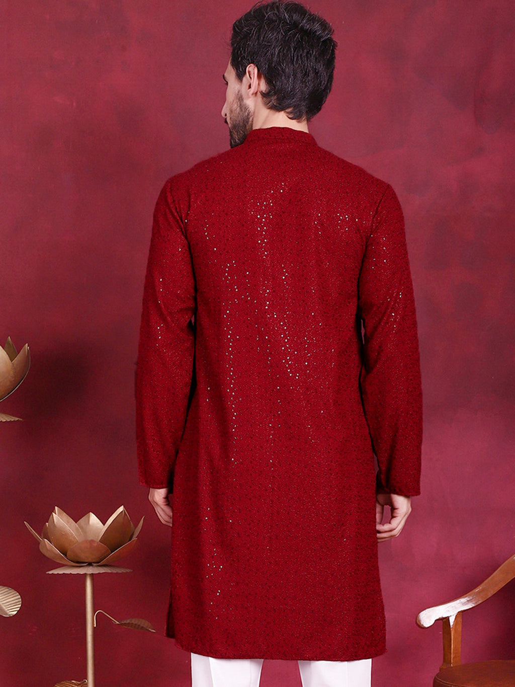 Jompers Men's Sequins Chikankari Kurta - Maroon