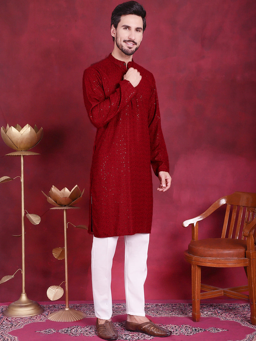 Jompers Men's Sequins Chikankari Kurta - Maroon