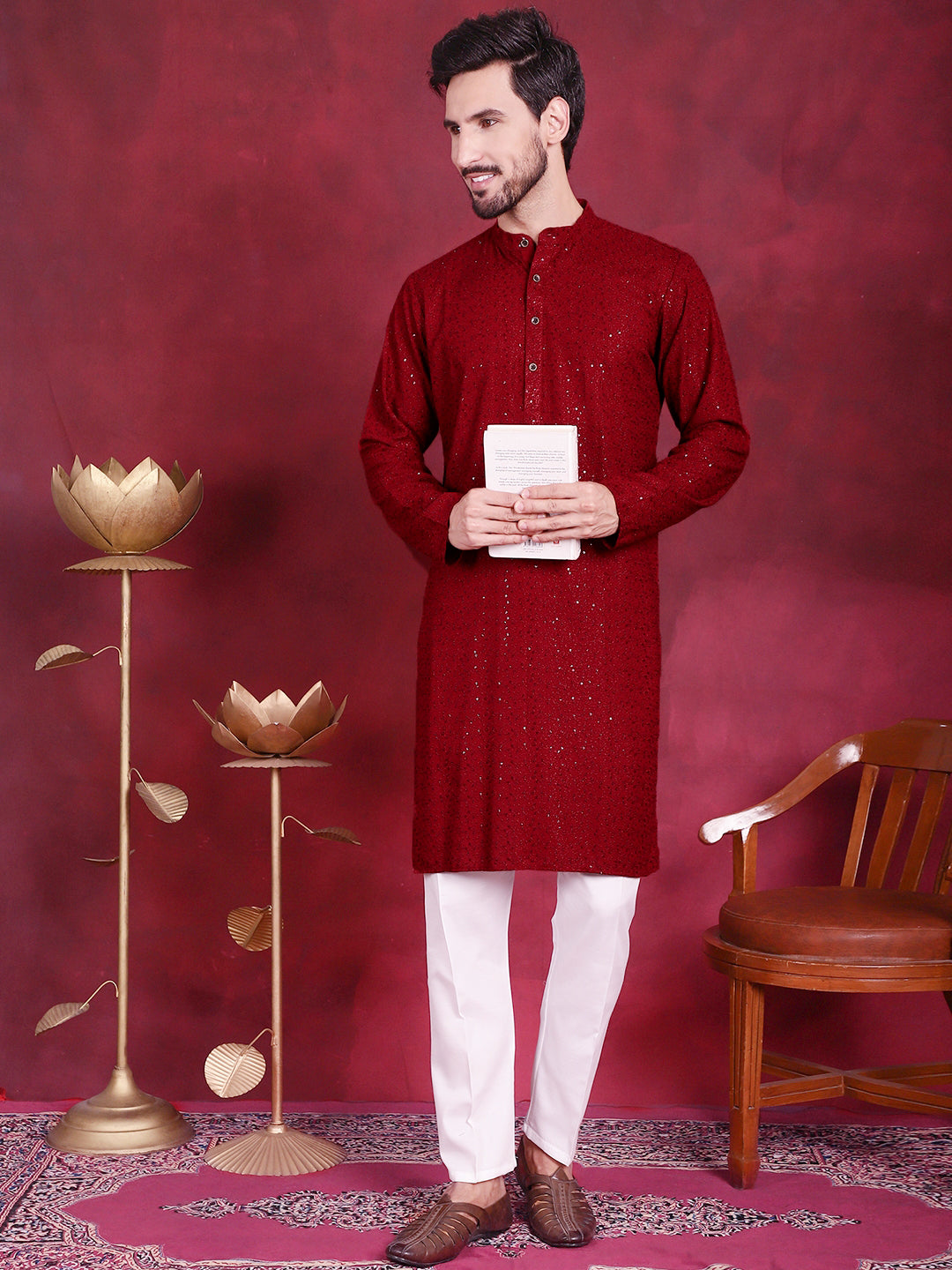 Jompers Men's Sequins Chikankari Kurta - Maroon