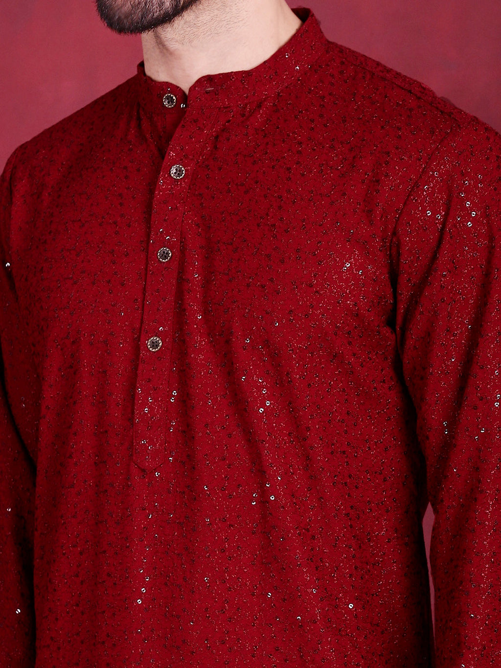 Jompers Men's Sequins Chikankari Kurta - Maroon