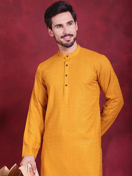 Jompers Men's Sequins Chikankari Kurta - Mustard
