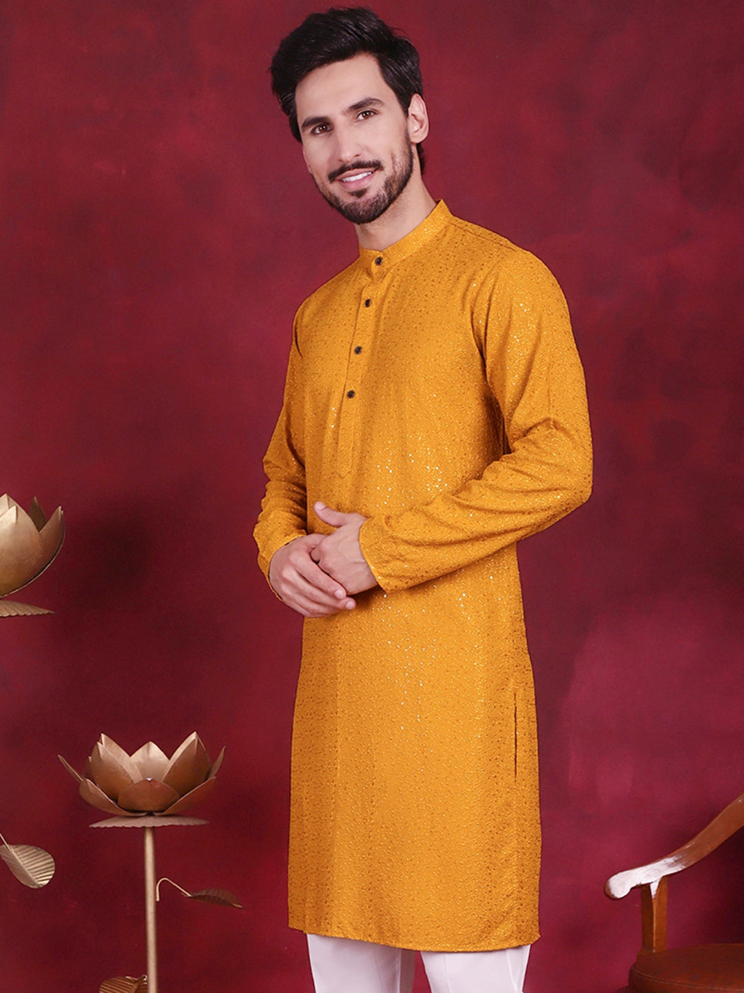 Jompers Men's Sequins Chikankari Kurta - Mustard