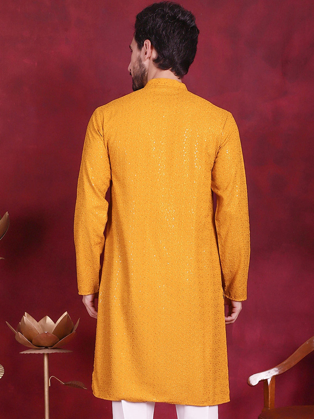 Jompers Men's Sequins Chikankari Kurta - Mustard