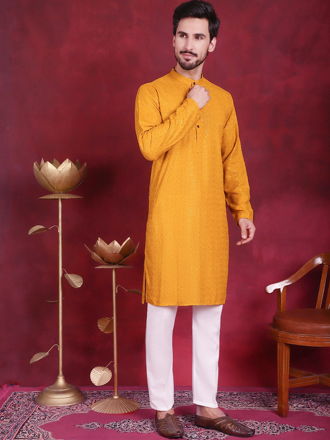 Jompers Men's Sequins Chikankari Kurta - Mustard