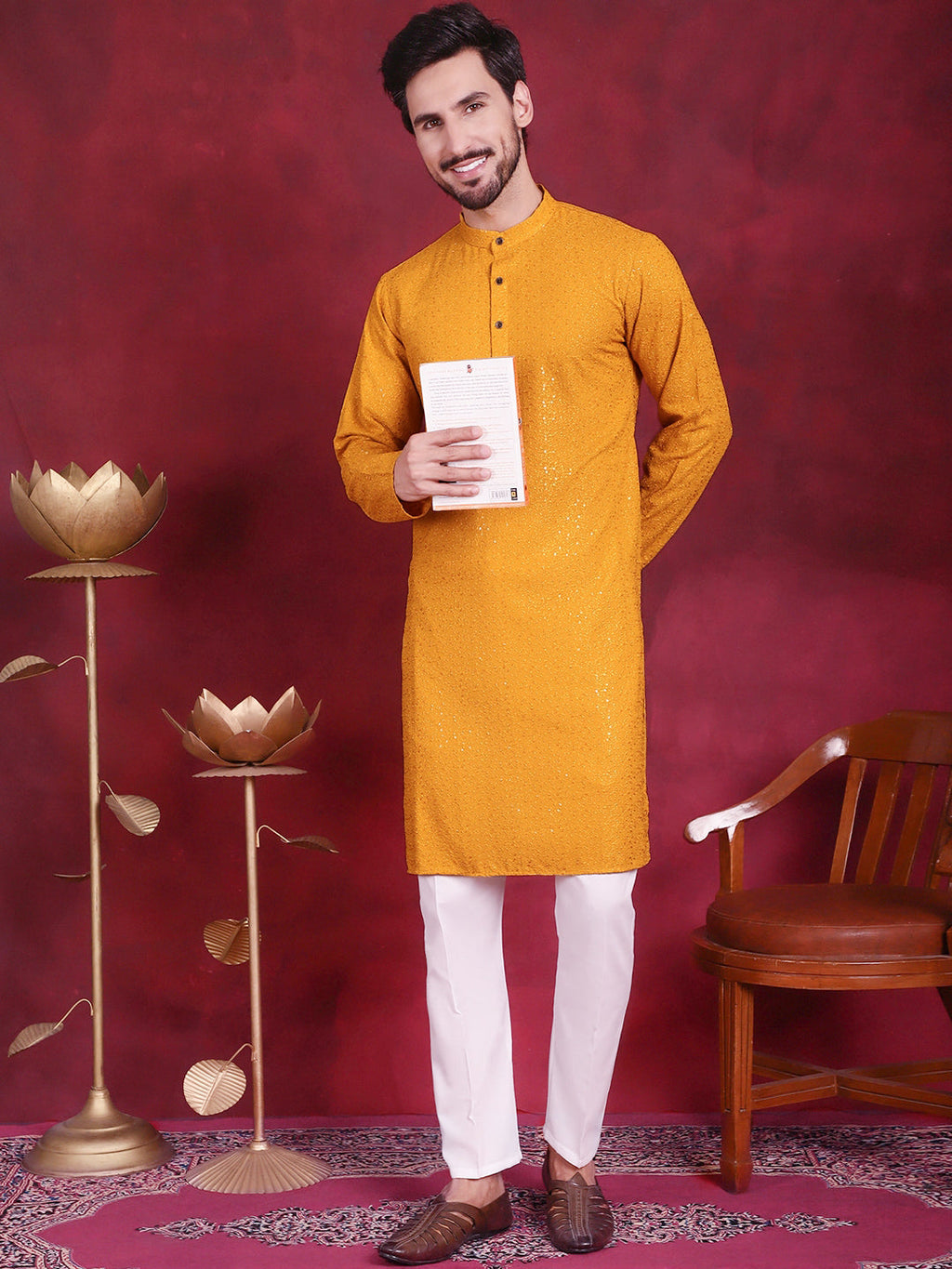 Jompers Men's Sequins Chikankari Kurta - Mustard