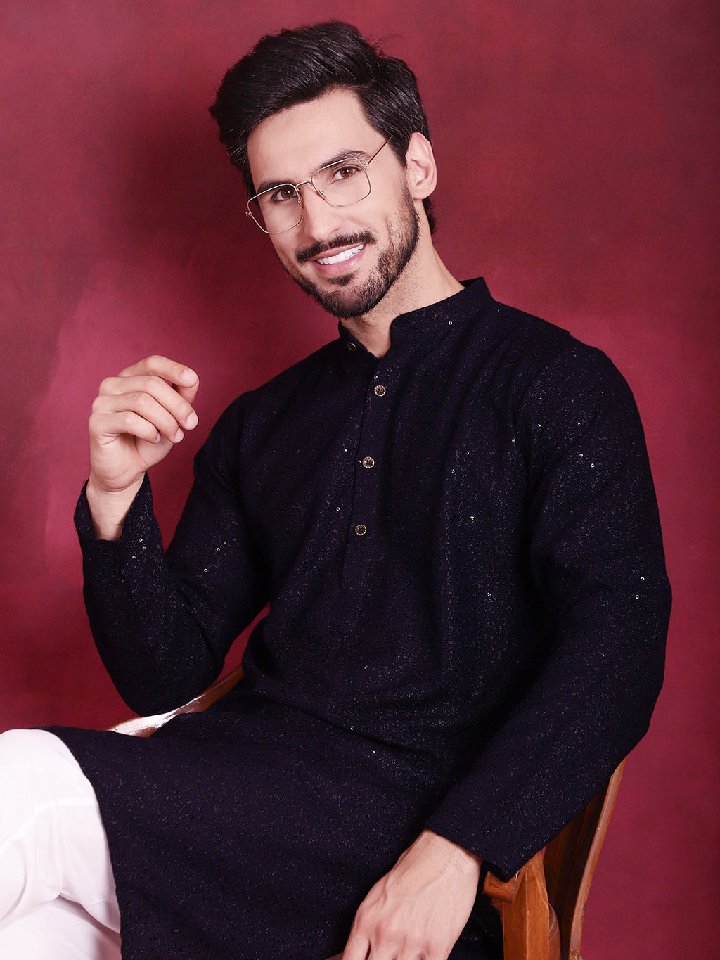Jompers Men's Sequins Chikankari Kurta - Navy Blue
