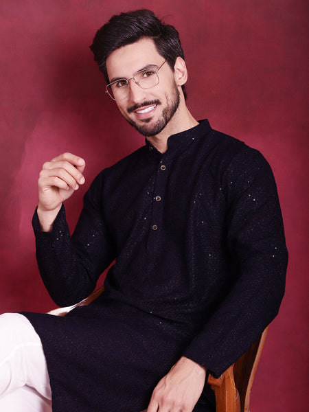 Jompers Men's Sequins Chikankari Kurta - Navy Blue