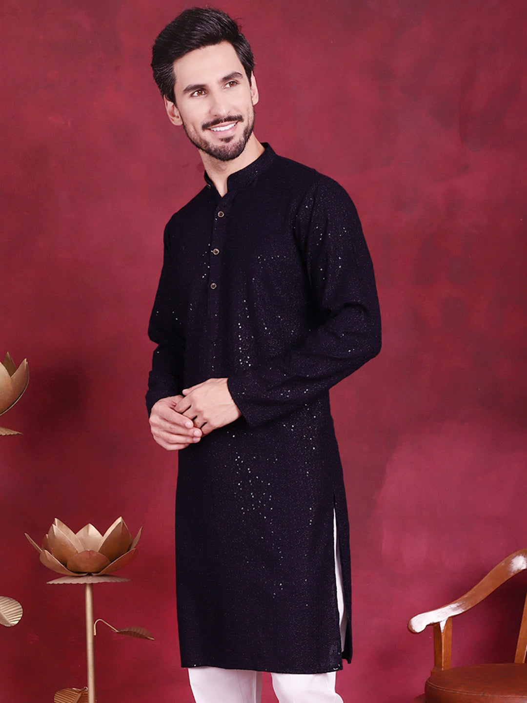 Jompers Men's Sequins Chikankari Kurta - Navy Blue