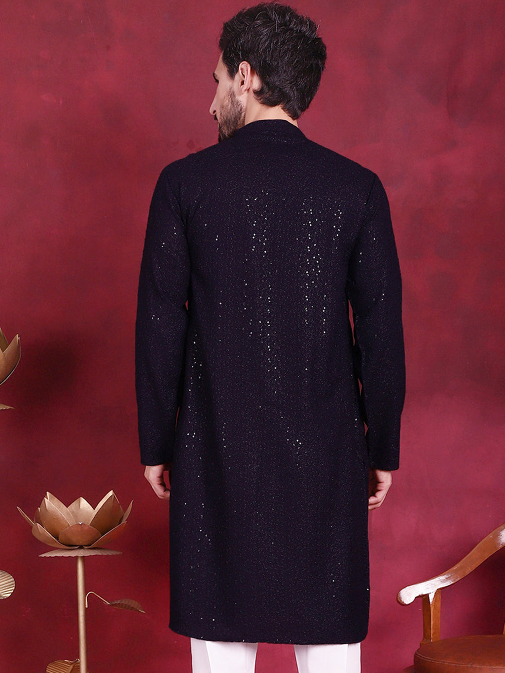 Jompers Men's Sequins Chikankari Kurta - Navy Blue