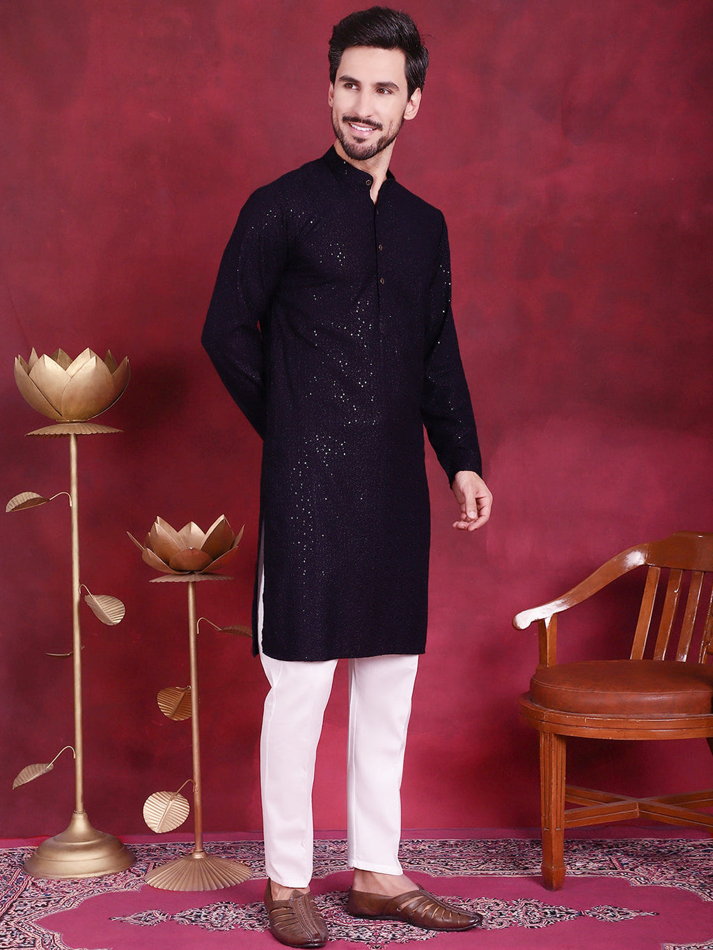 Jompers Men's Sequins Chikankari Kurta - Navy Blue