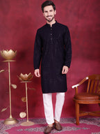 Jompers Men's Sequins Chikankari Kurta - Navy Blue