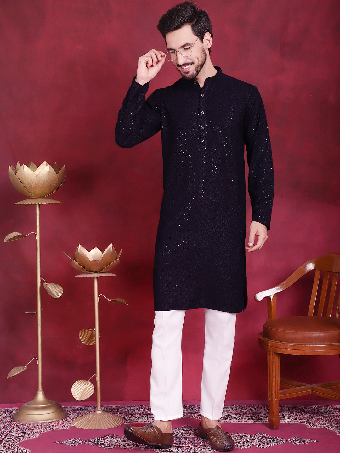 Jompers Men's Sequins Chikankari Kurta - Navy Blue