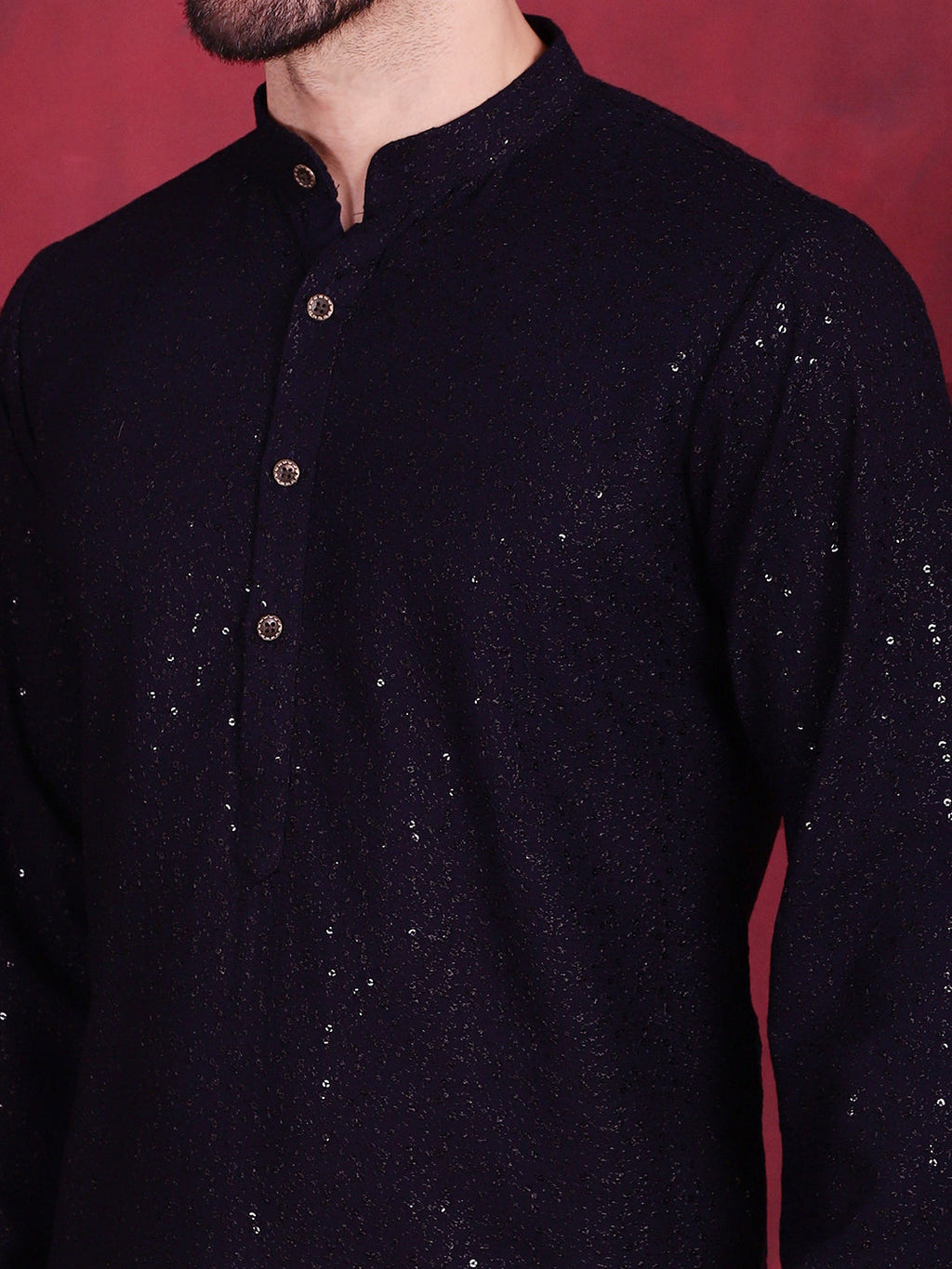 Jompers Men's Sequins Chikankari Kurta - Navy Blue