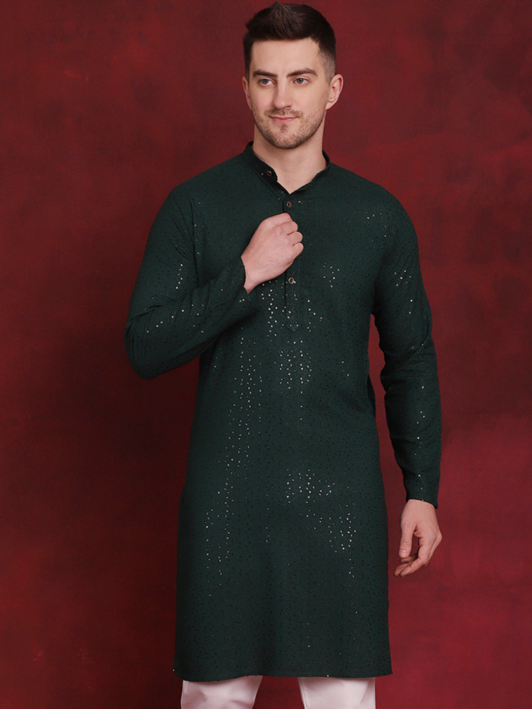 Jompers Men's Sequins Chikankari Kurta - Olive