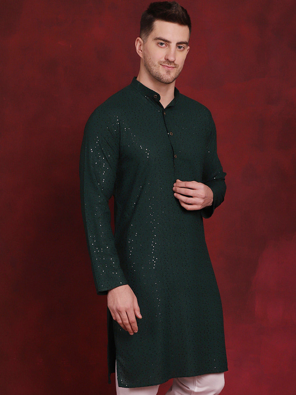Jompers Men's Sequins Chikankari Kurta - Olive