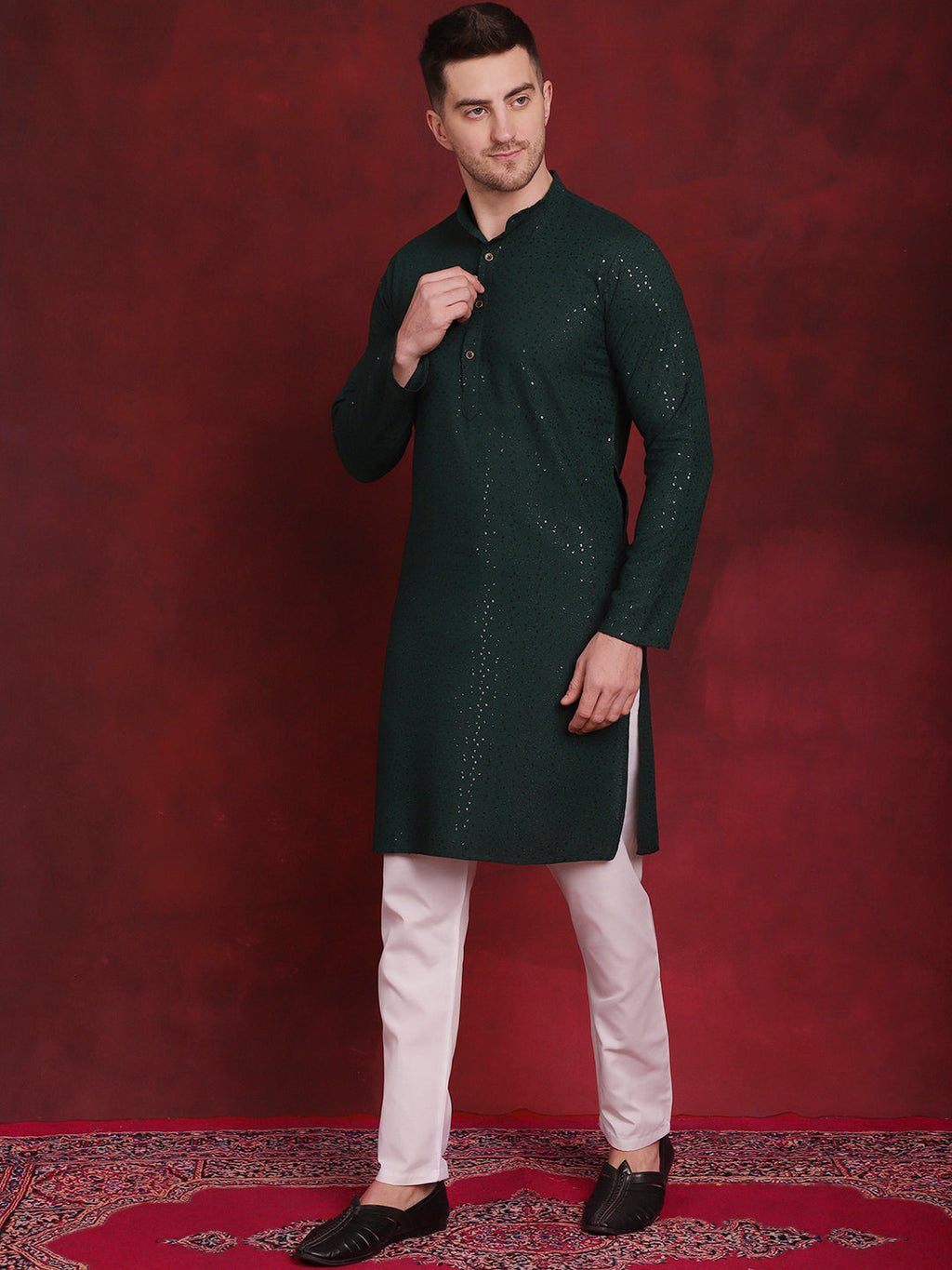 Jompers Men's Sequins Chikankari Kurta - Olive