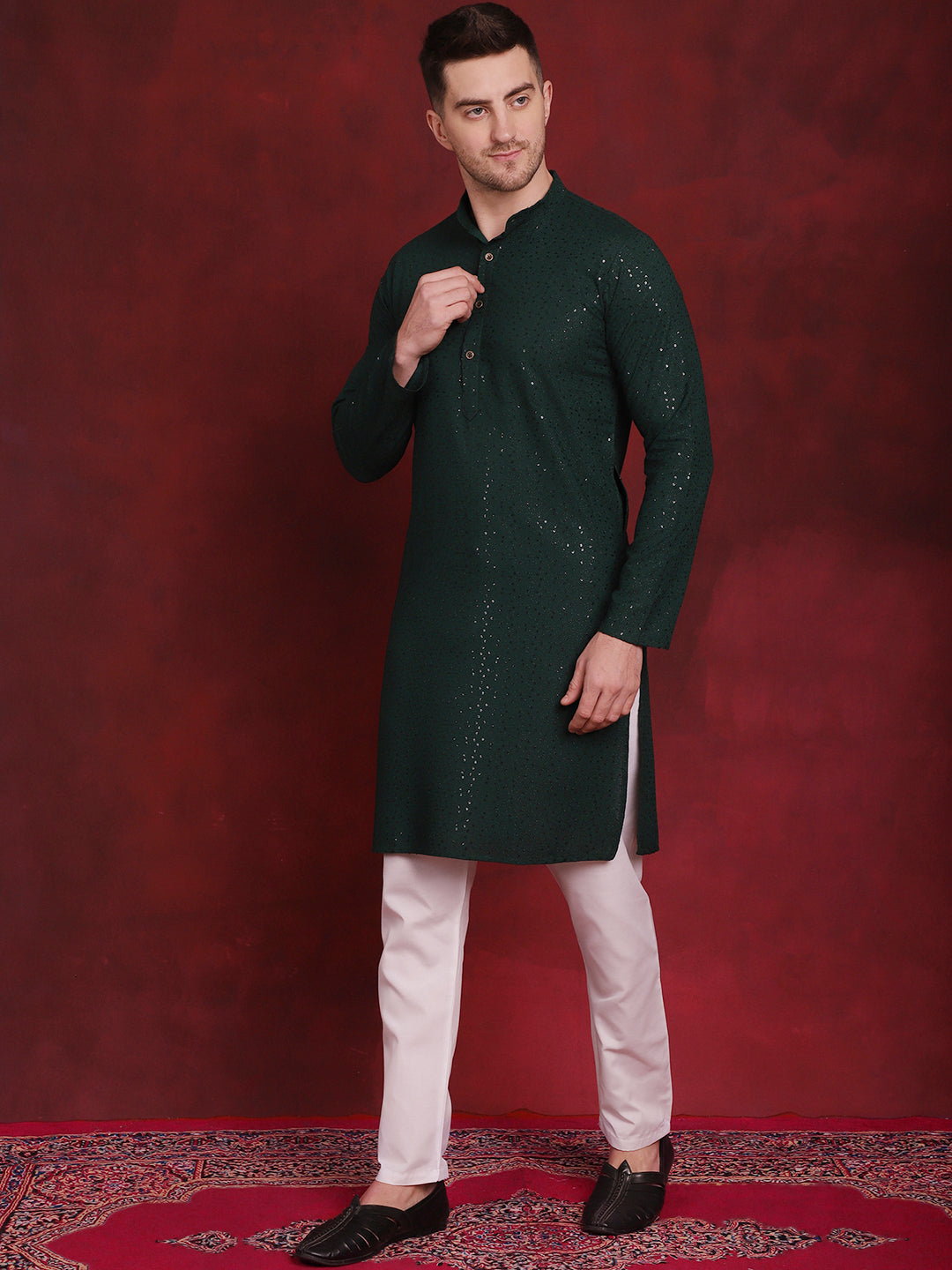 Jompers Men's Sequins Chikankari Kurta - Olive