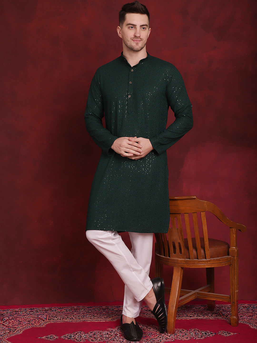 Jompers Men's Sequins Chikankari Kurta - Olive