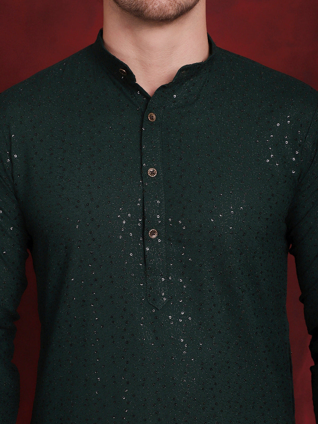 Jompers Men's Sequins Chikankari Kurta - Olive