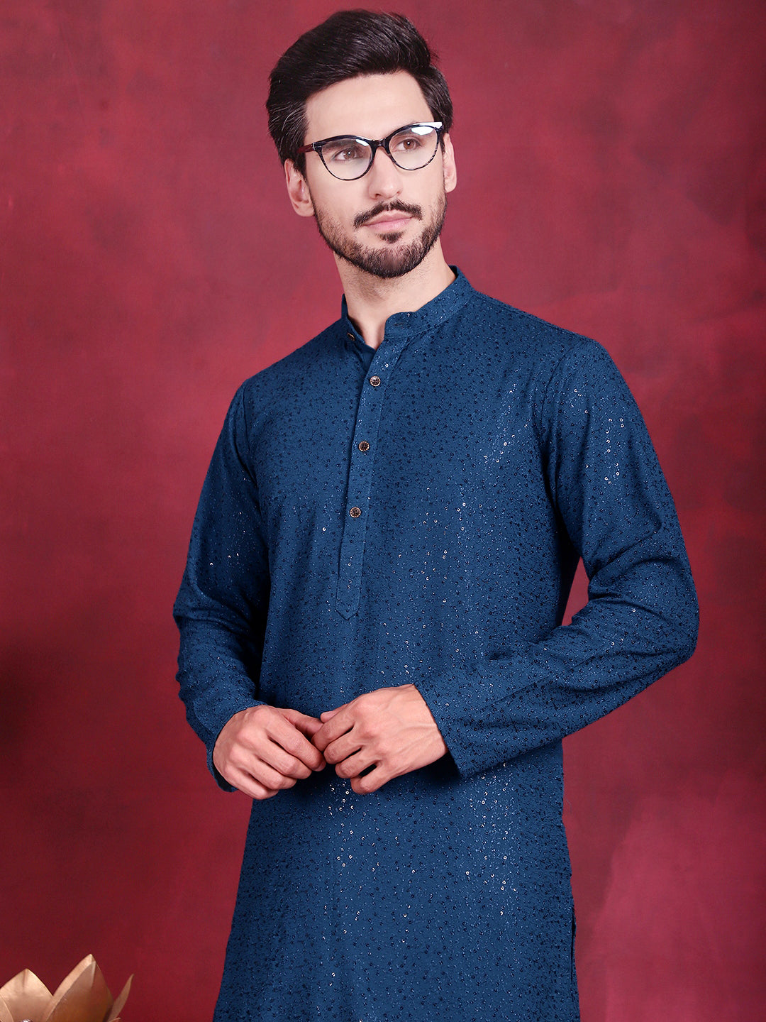 Jompers Men's Sequins Chikankari Kurta - Peacock