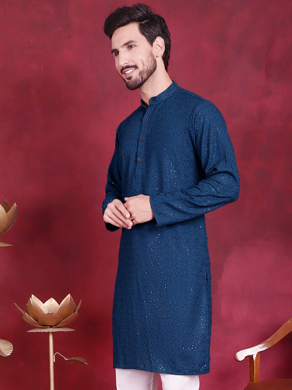 Jompers Men's Sequins Chikankari Kurta - Peacock