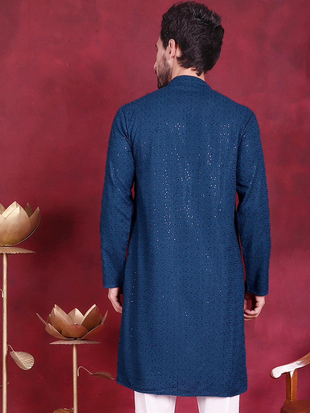 Jompers Men's Sequins Chikankari Kurta - Peacock