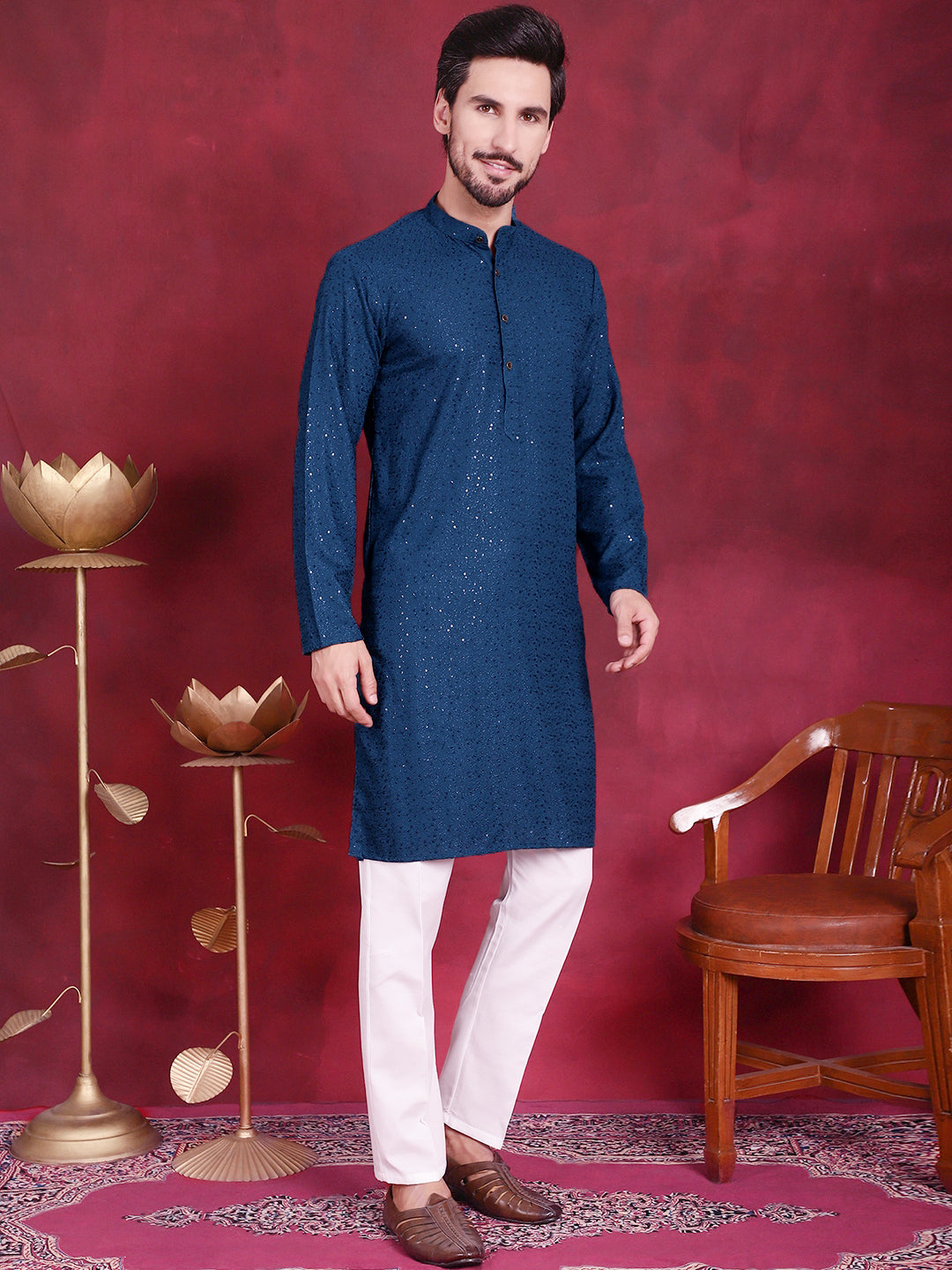 Jompers Men's Sequins Chikankari Kurta - Peacock