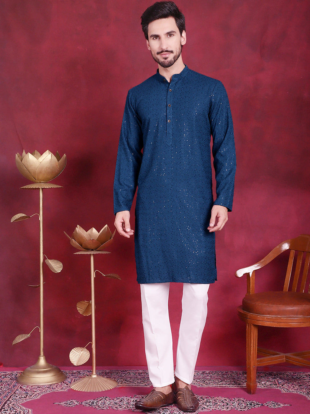 Jompers Men's Sequins Chikankari Kurta - Peacock