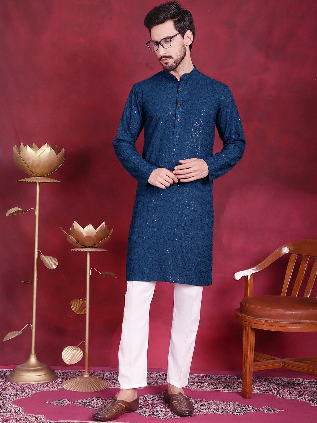 Jompers Men's Sequins Chikankari Kurta - Peacock