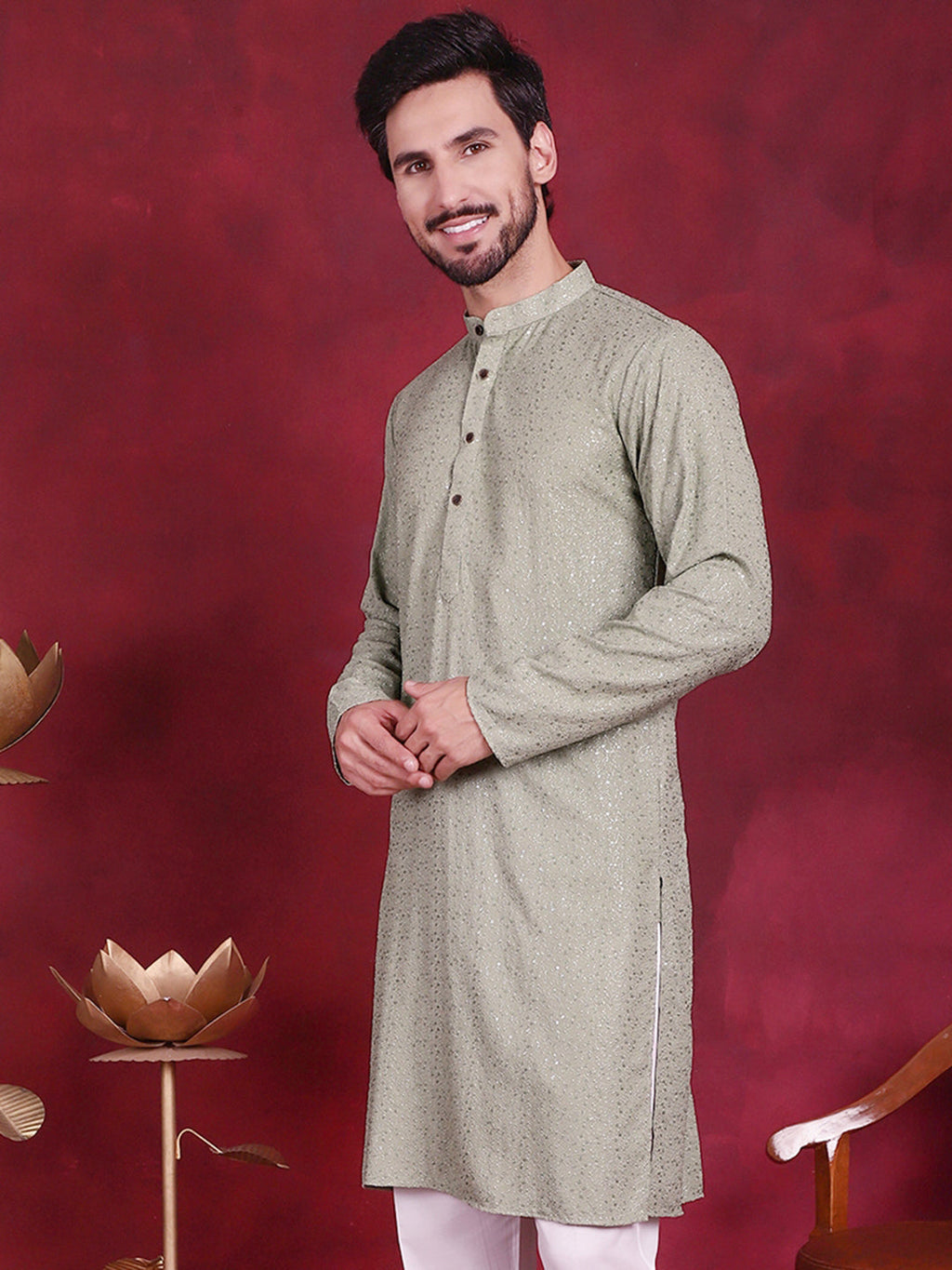 Jompers Men's Sequins Chikankari Kurta - Pista