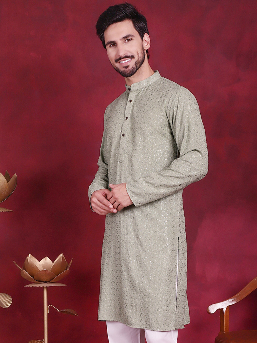 Jompers Men's Sequins Chikankari Kurta - Pista