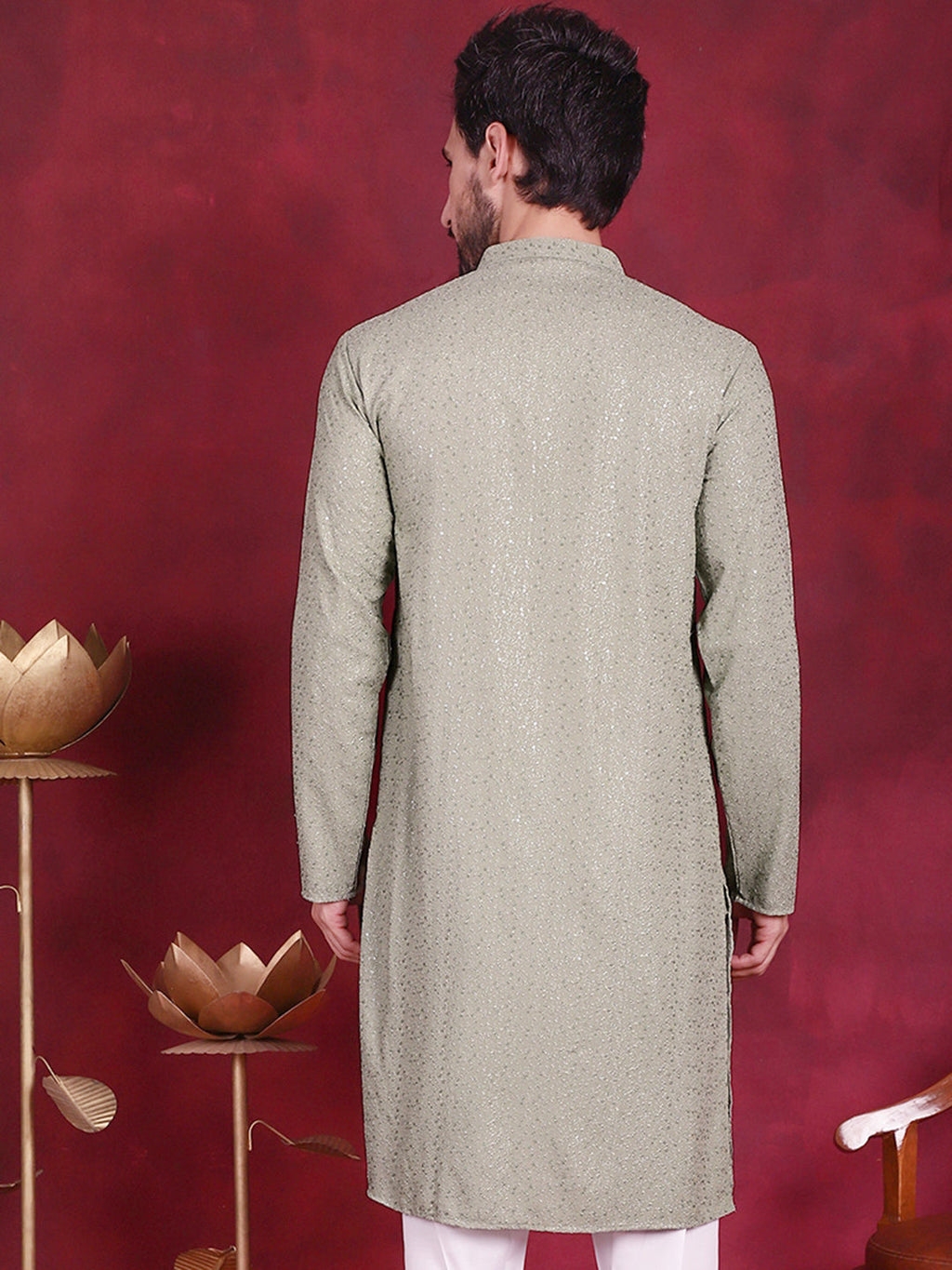 Jompers Men's Sequins Chikankari Kurta - Pista