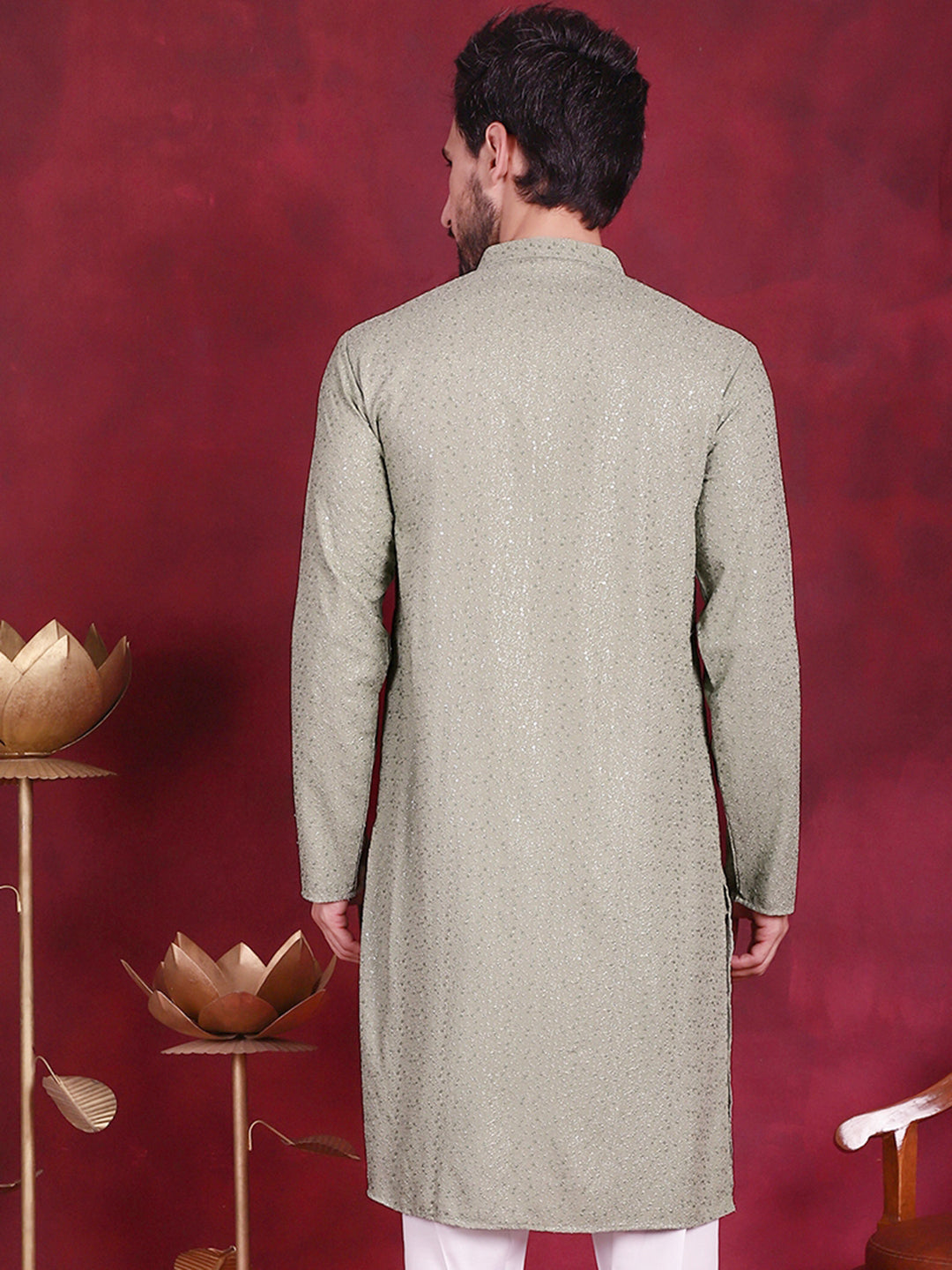 Jompers Men's Sequins Chikankari Kurta - Pista