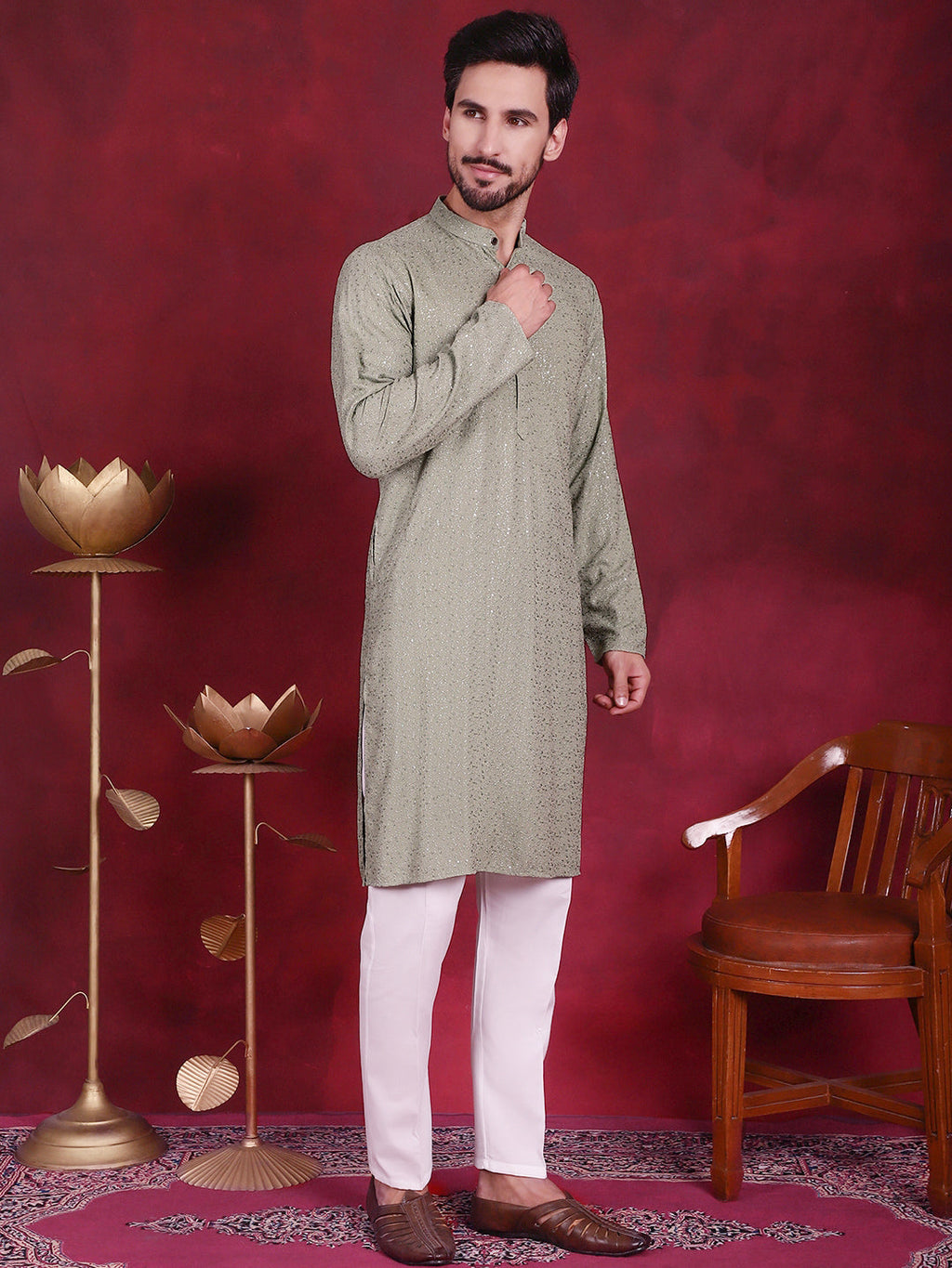 Jompers Men's Sequins Chikankari Kurta - Pista
