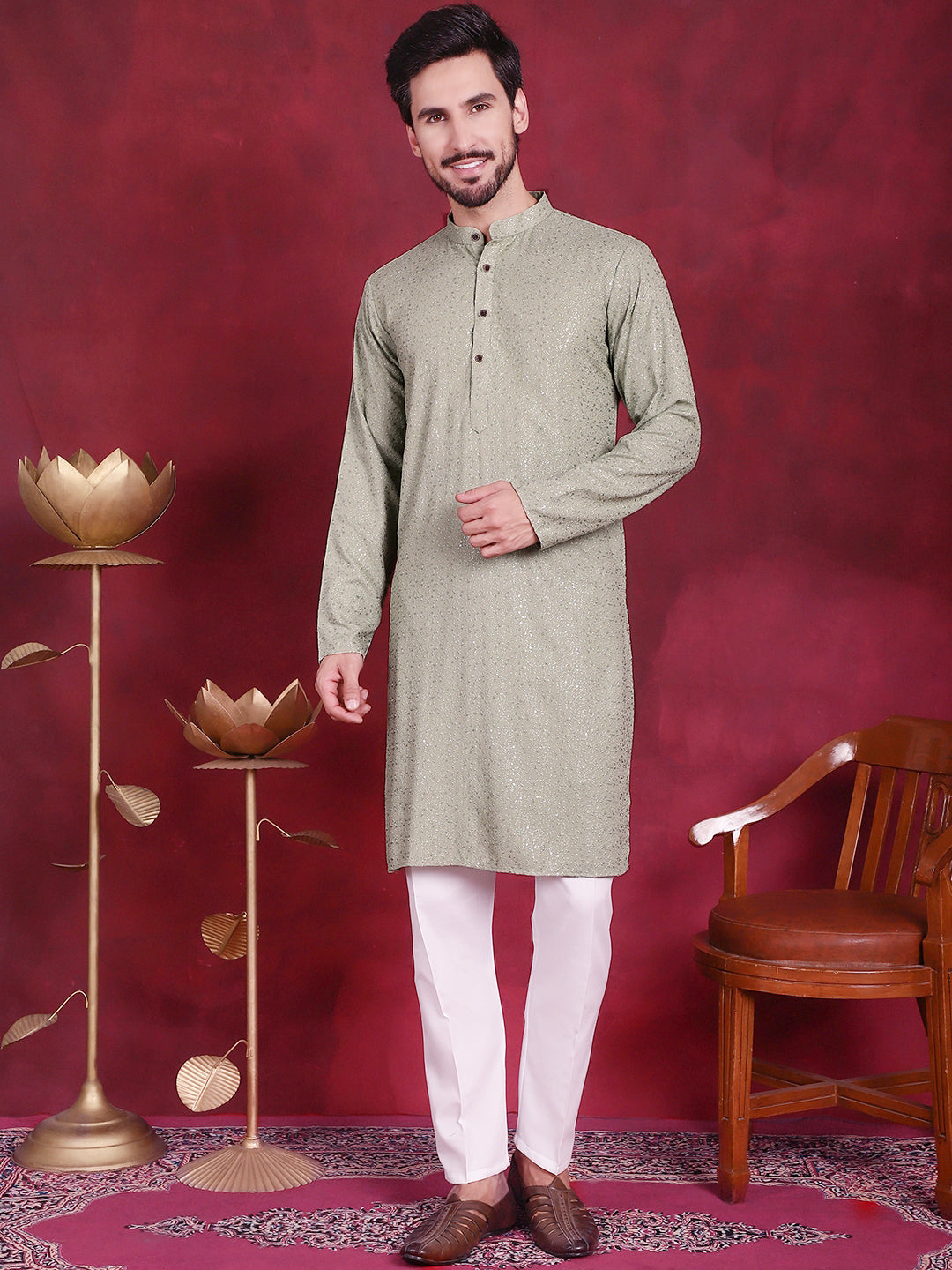 Jompers Men's Sequins Chikankari Kurta - Pista