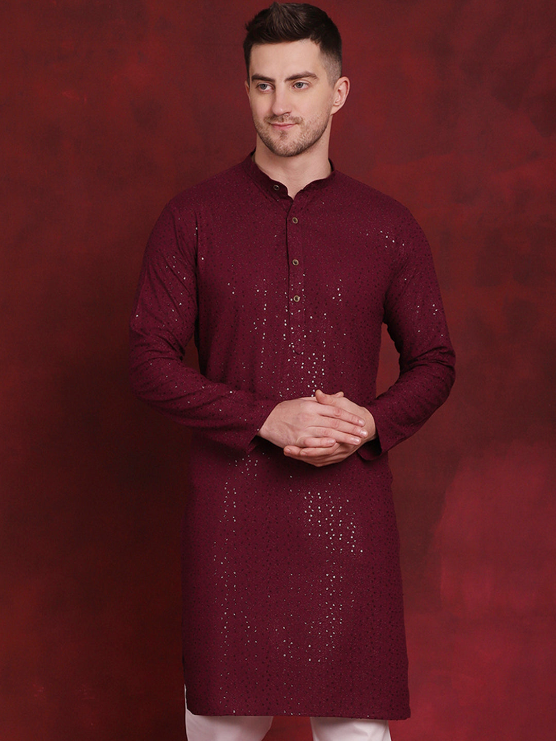 Jompers Men's Sequins Chikankari Kurta - Purple