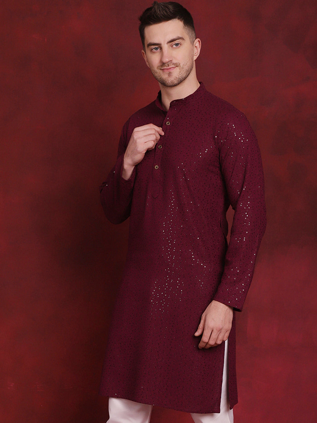 Jompers Men's Sequins Chikankari Kurta - Purple