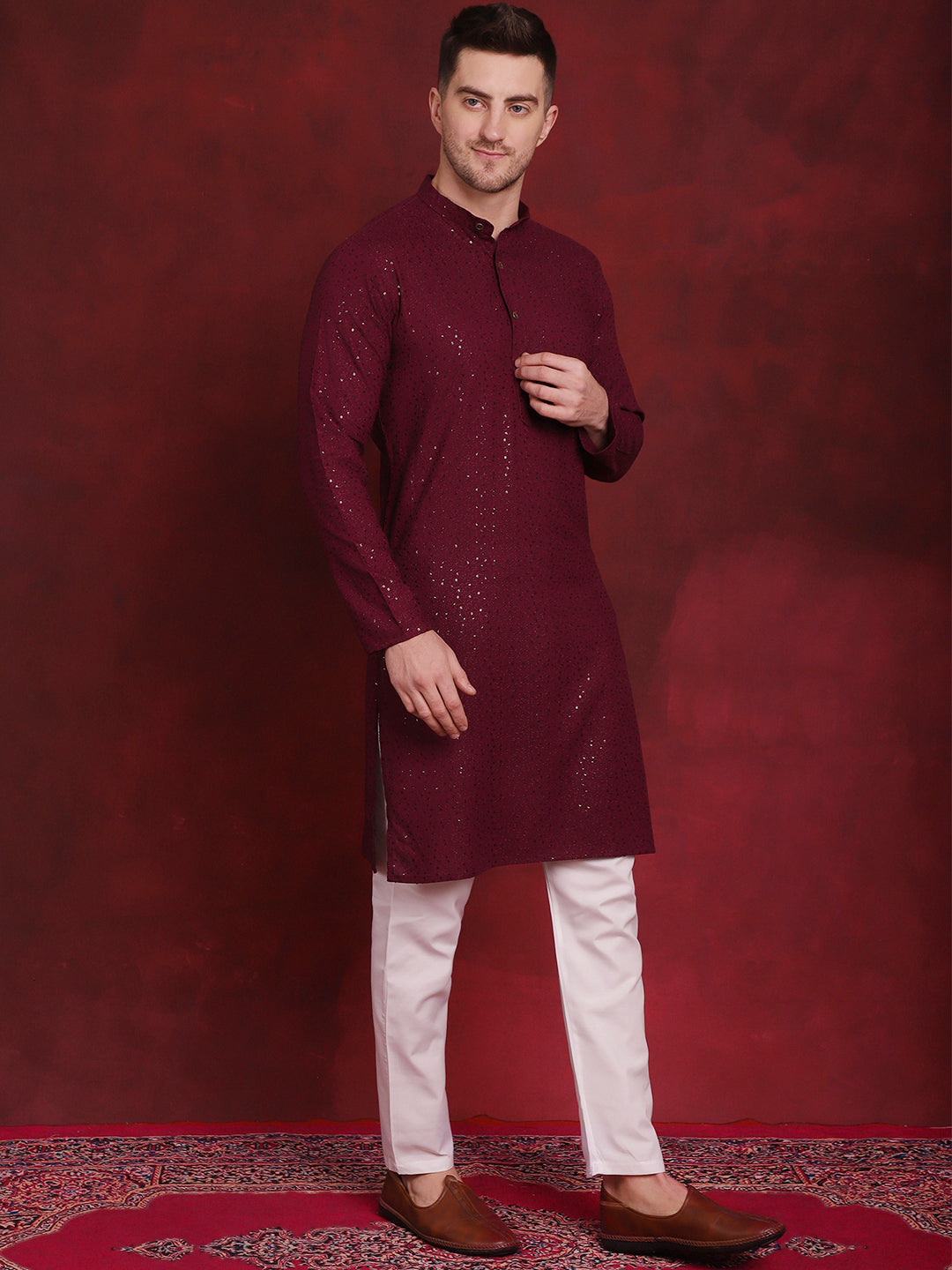 Jompers Men's Sequins Chikankari Kurta - Purple