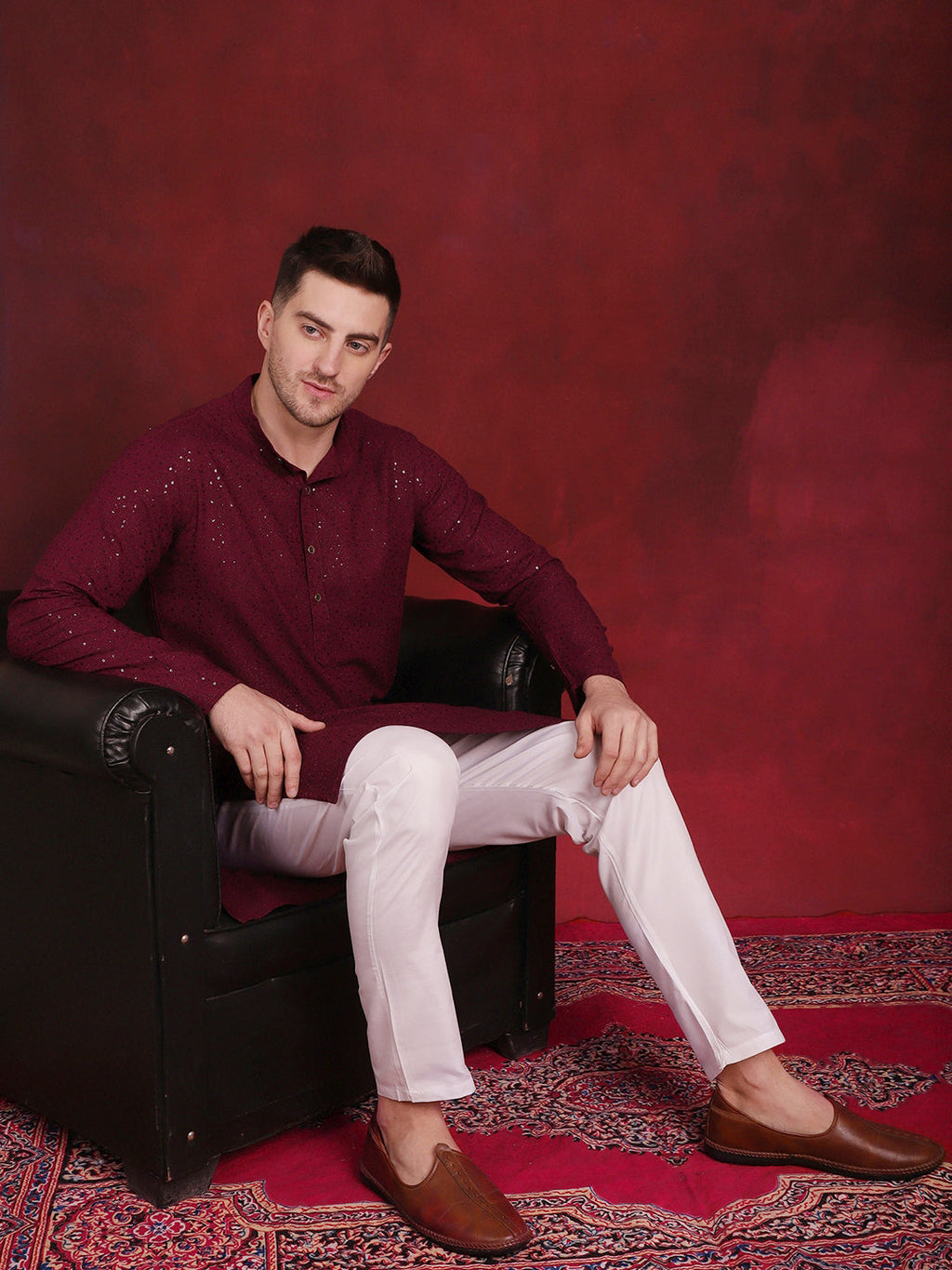 Jompers Men's Sequins Chikankari Kurta - Purple
