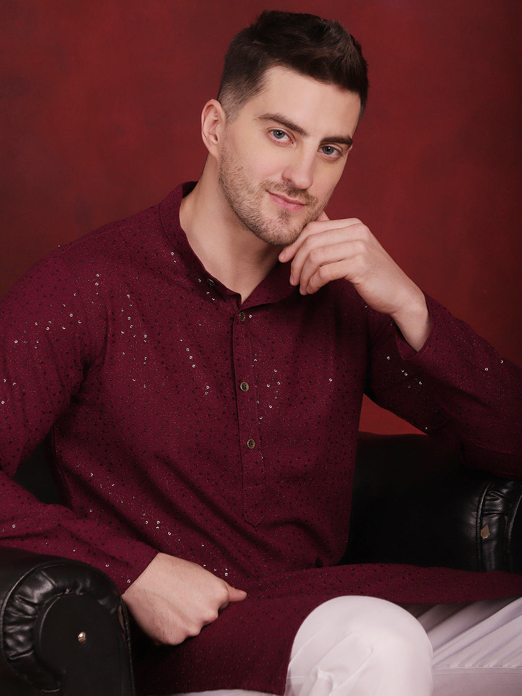 Jompers Men's Sequins Chikankari Kurta - Purple