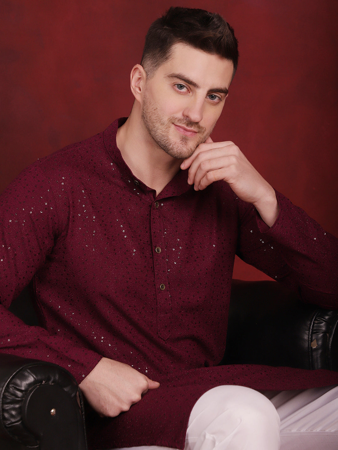 Jompers Men's Sequins Chikankari Kurta - Purple