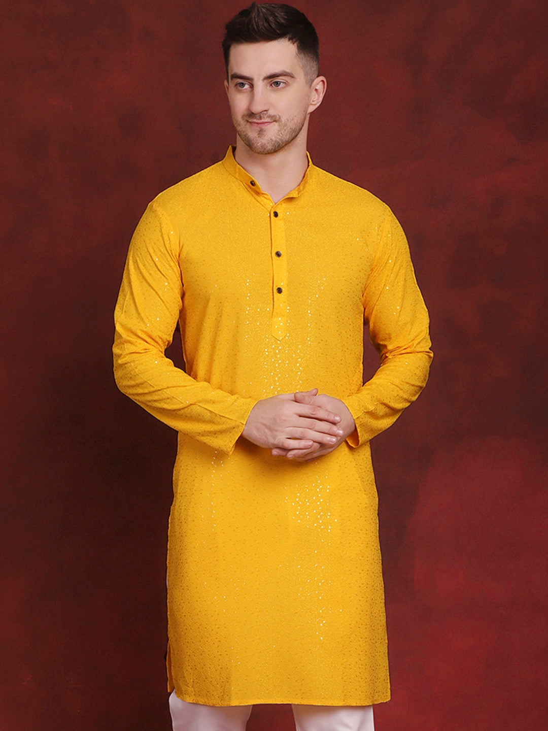 Jompers Men's Sequins Chikankari Kurta - Yellow