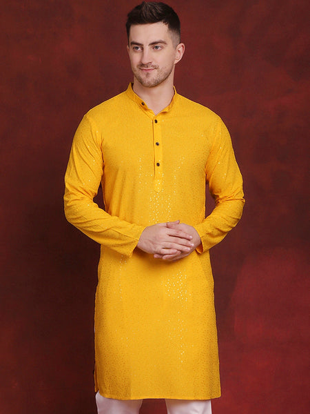 Jompers Men's Sequins Chikankari Kurta - Yellow