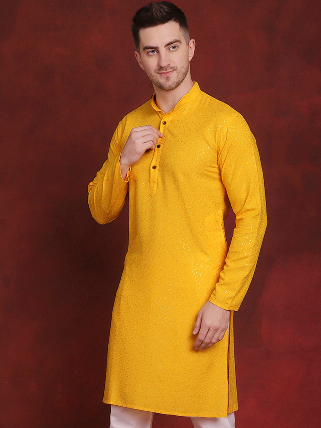 Jompers Men's Sequins Chikankari Kurta - Yellow